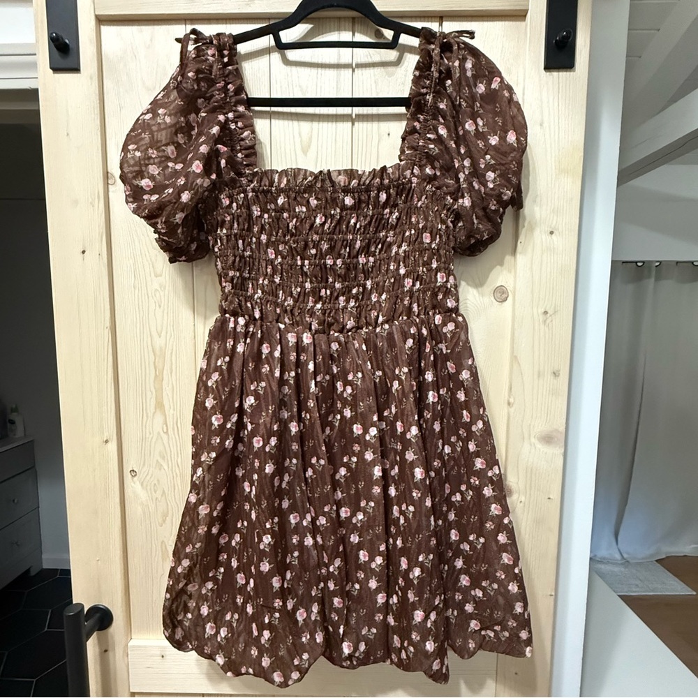 Lulu's Brown Floral Puff Sleeve Mini Dress